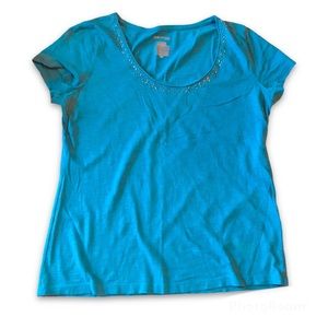 St John’s Bay Clear Bead Embellished Turquoise Blue Short Sleeve Scoop Neck Top